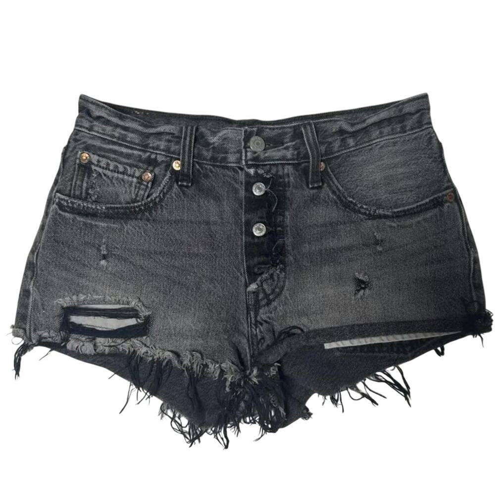 Levi's 501 High Rise Distressed Washed Black Cutoff Denim Jean Shorts Size 26